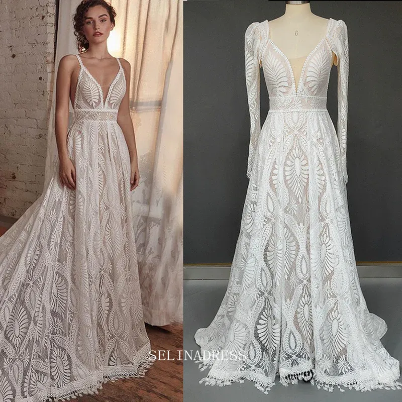 A Line Beach Lace Wedding Dresse Two Piece Custom Wedding Dress GRDK012