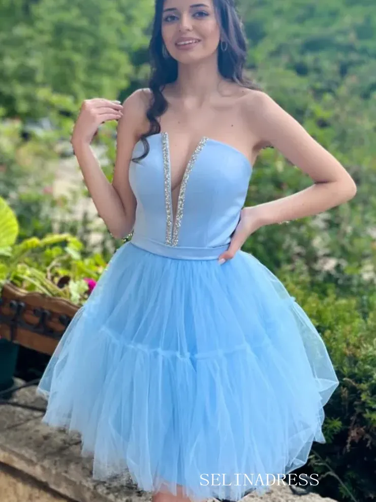 A-line Deep V neck Tulle Short Homecoming Dress #EWR712
