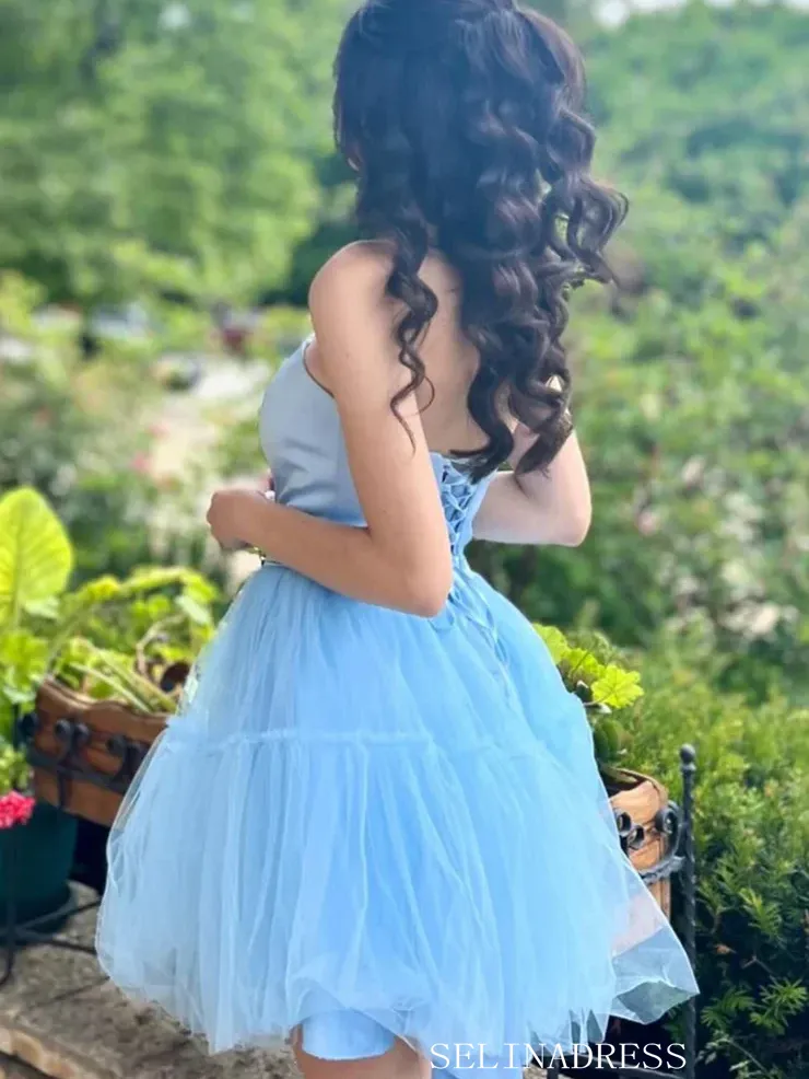 A-line Deep V neck Tulle Short Homecoming Dress #EWR712