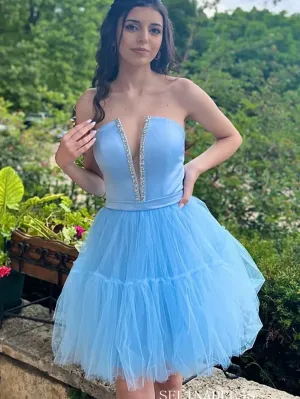 A-line Deep V neck Tulle Short Homecoming Dress #EWR712
