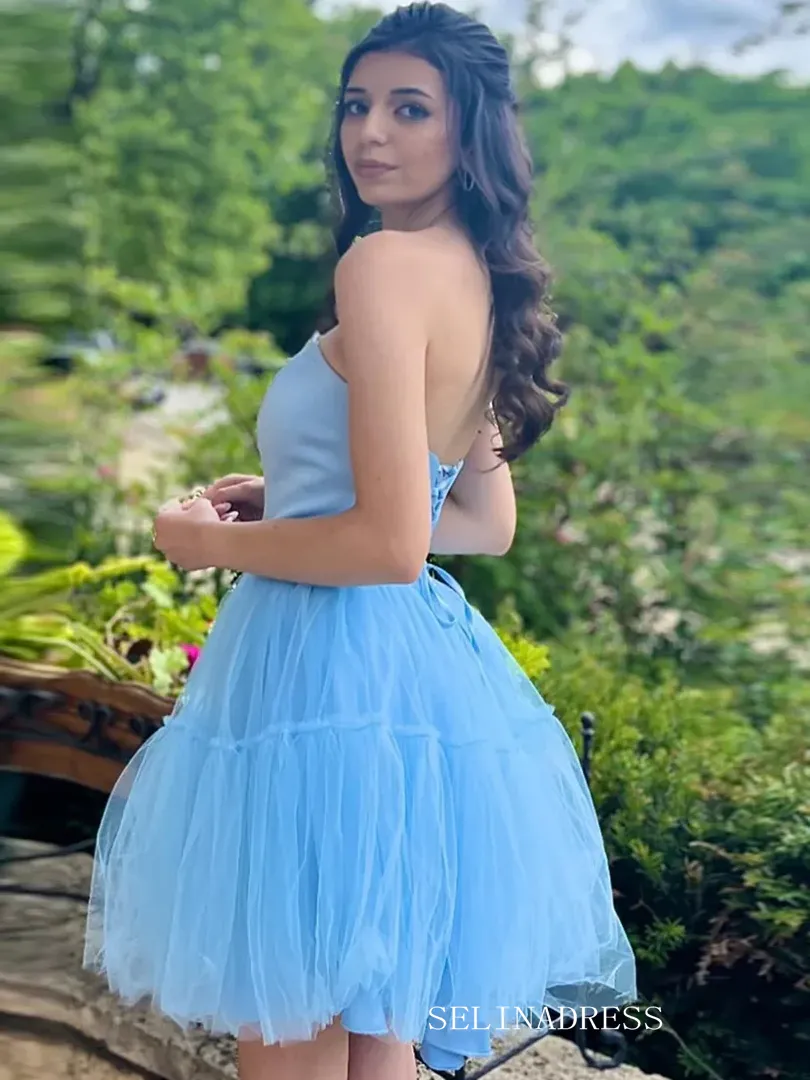 A-line Deep V neck Tulle Short Homecoming Dress #EWR712