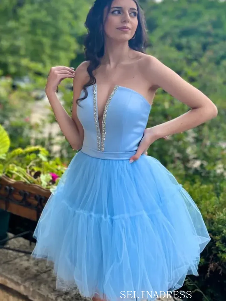 A-line Deep V neck Tulle Short Homecoming Dress #EWR712