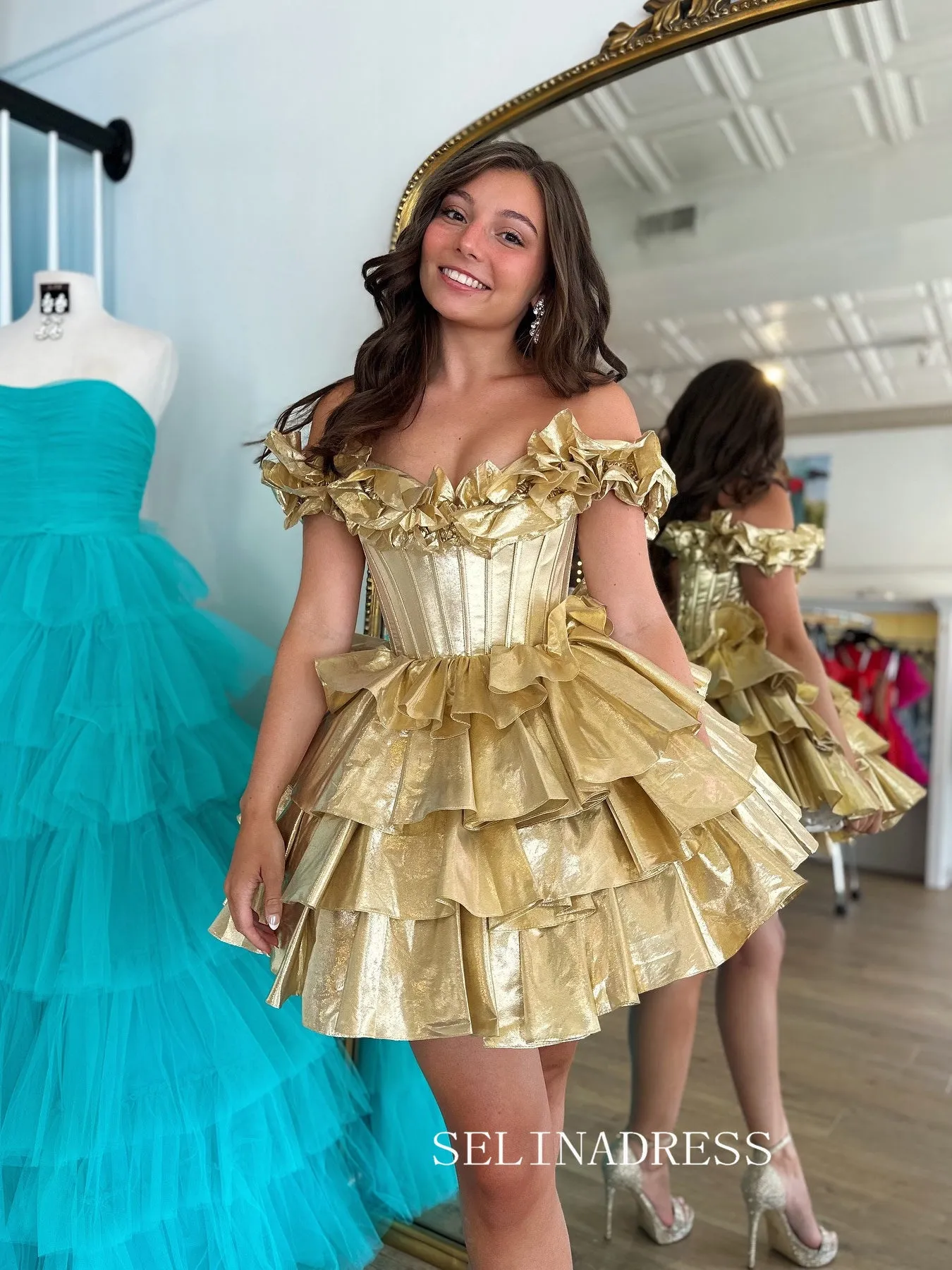 A-line Off-the-shoulder Gold Homecoming Dresses Tiered Hoco Dress Cocktail Dress #TKL2343