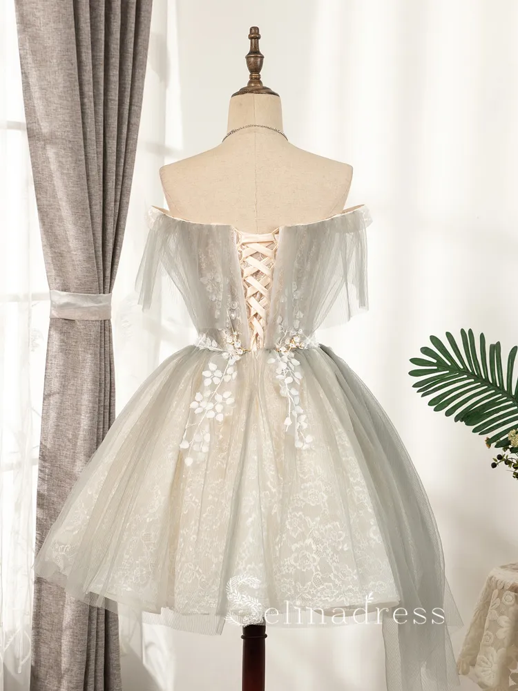 A-line Off-the-shoulder Gray Short Homecoming Dress Cheap Summer Outfits THL011