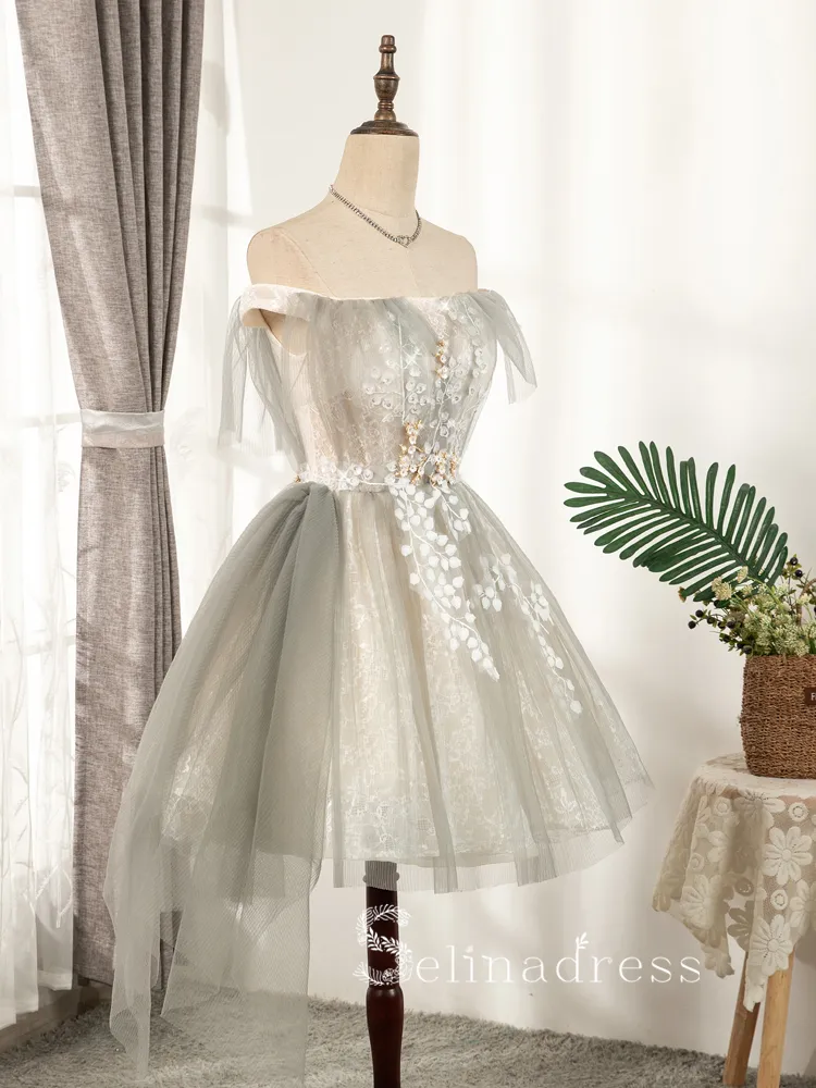 A-line Off-the-shoulder Gray Short Homecoming Dress Cheap Summer Outfits THL011