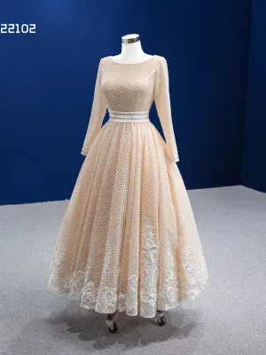 A-line Scoop Neck Long Sleeve Tea Length Prom Dress Evening Gowns RSM222102