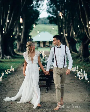 A-line Scoop See Through Rustic Wedding Dresses Boho Lace Bridal Gowns MLH009