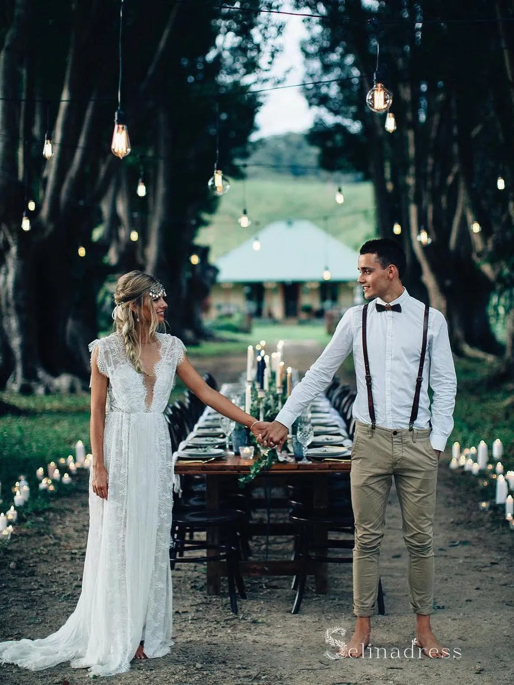 A-line Scoop See Through Rustic Wedding Dresses Boho Lace Bridal Gowns MLH009