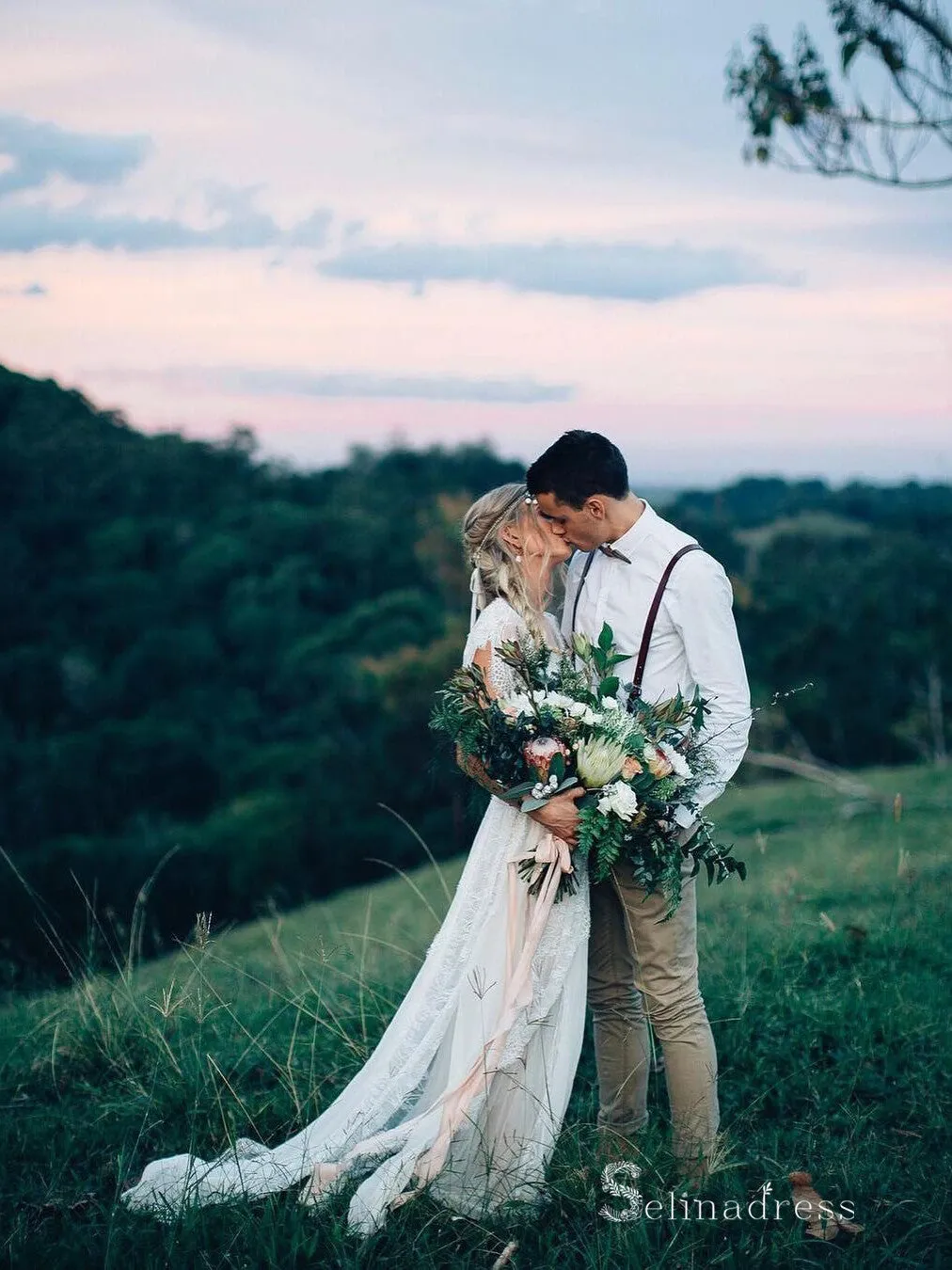 A-line Scoop See Through Rustic Wedding Dresses Boho Lace Bridal Gowns MLH009