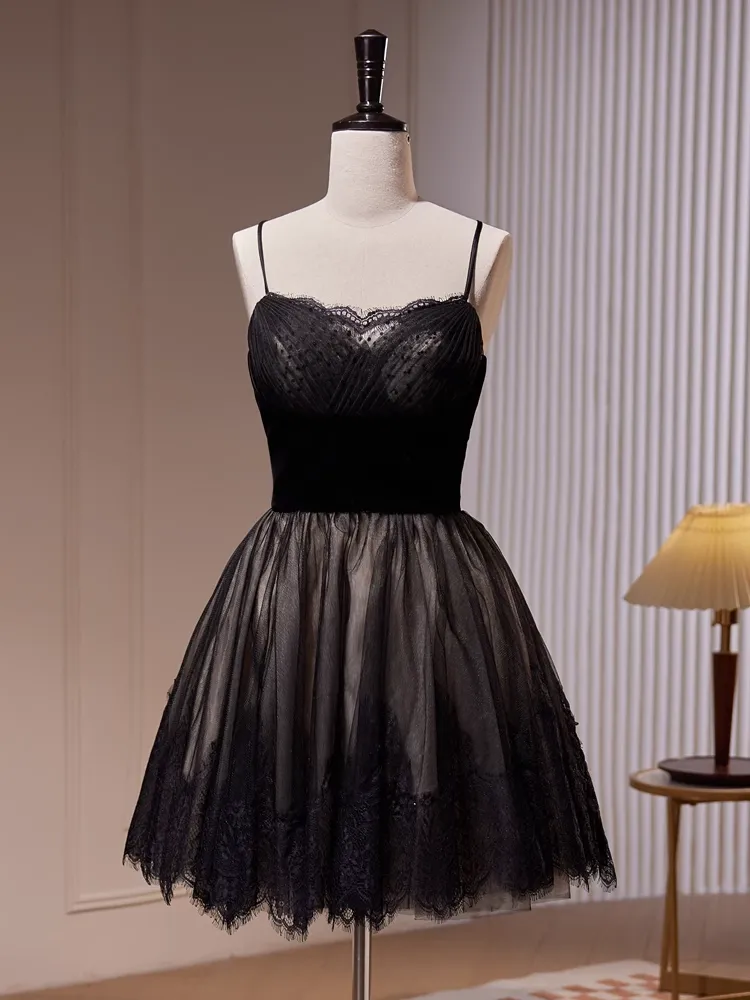 A-line Spaghetti Straps Black Short Prom Dress Juniors Lace Homecoming Dresses kts010