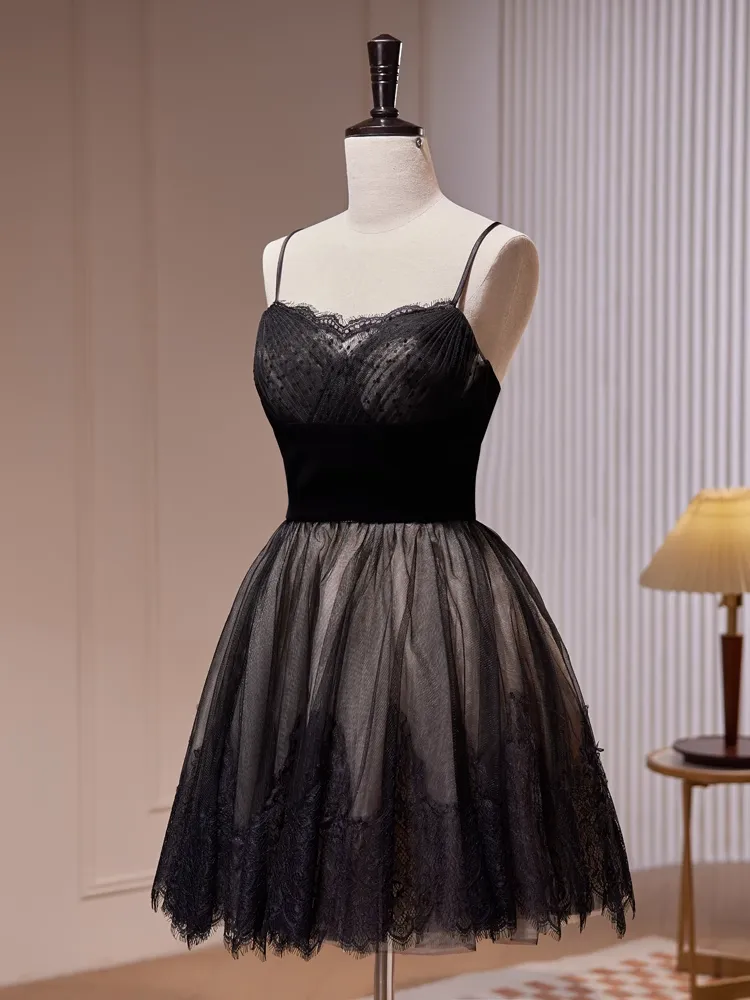 A-line Spaghetti Straps Black Short Prom Dress Juniors Lace Homecoming Dresses kts010