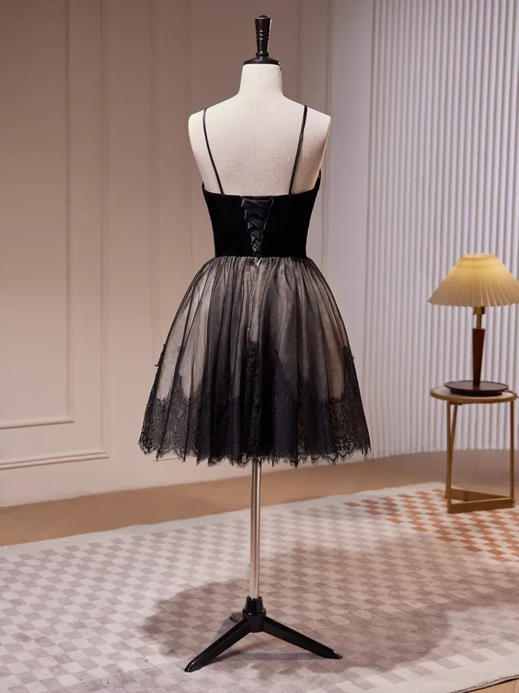 A-line Spaghetti Straps Black Short Prom Dress Juniors Lace Homecoming Dresses kts010
