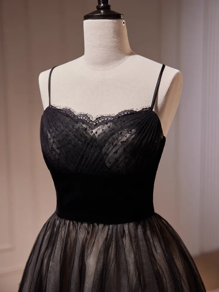 A-line Spaghetti Straps Black Short Prom Dress Juniors Lace Homecoming Dresses kts010