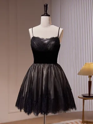 A-line Spaghetti Straps Black Short Prom Dress Juniors Lace Homecoming Dresses kts010