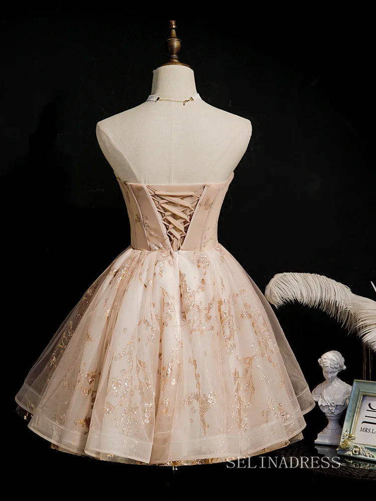 A-line Strapless Cute Homecoming Dress Beaded Short Prom Dresses EDS011