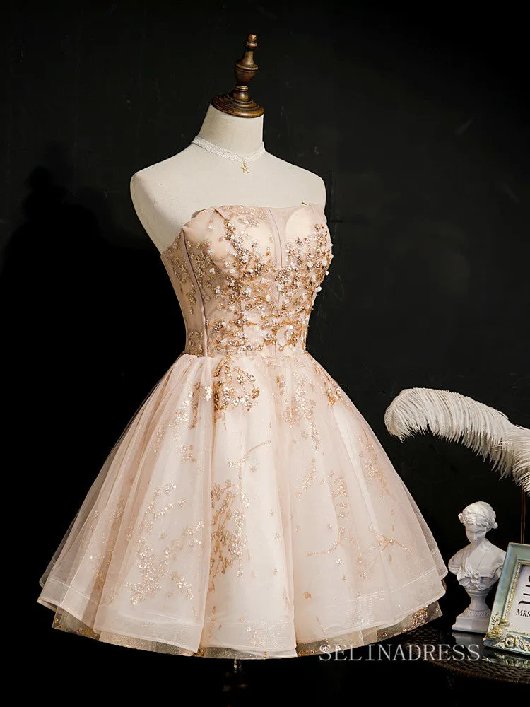 A-line Strapless Cute Homecoming Dress Beaded Short Prom Dresses EDS011