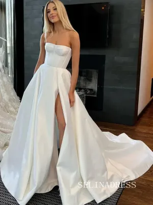 A-line White Strapless Wedding Dress Satin Bridal Gowns With Split TKL3041