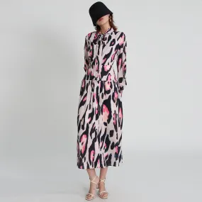 Autumn Fashion Print Dress For Women Bow Collar Long Sleeve High Waist Colorblock Vintage Midi Dresses Female Style