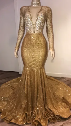 Black Girl Prom Dresses Open Back Gold Prom Dresses With Choker Long Sleeve Mermaid V Neck Sexy Evening Gowns With Crystals