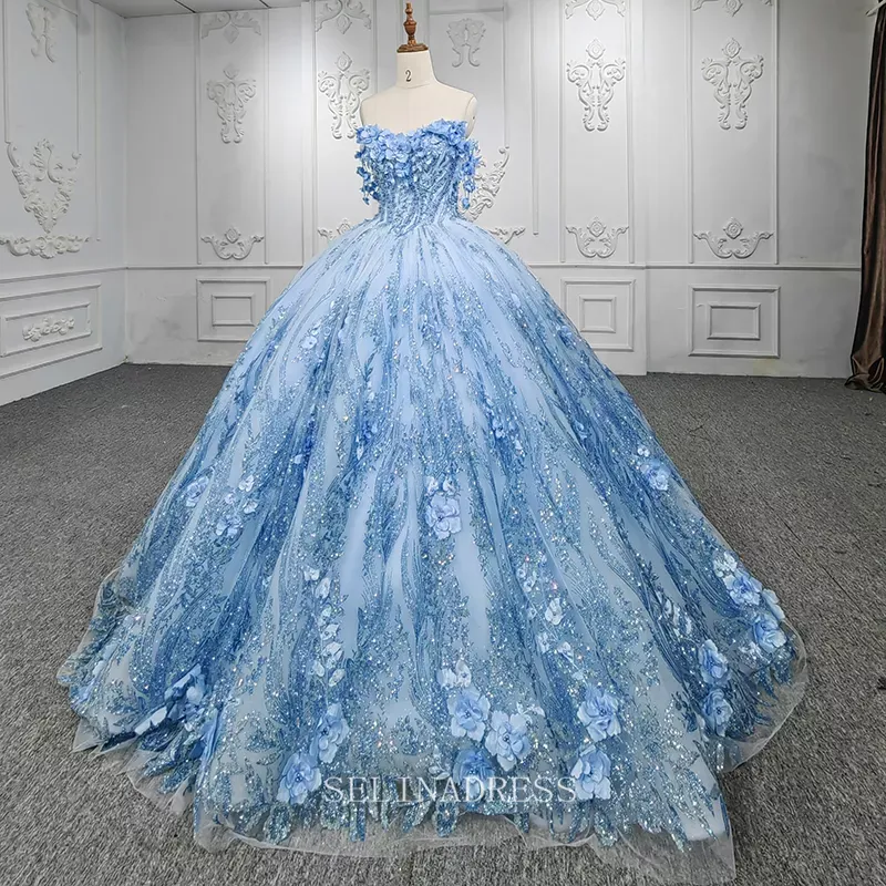 Blue Sweet 16 Princess Beading Lace Up Ball Gown Evening Dresses DY9853 Selinadress