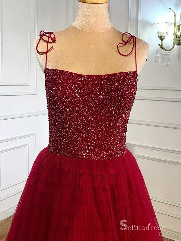 Burgundy Spaghetti Straps Prom Dress Long Evening Formal Gown SC039