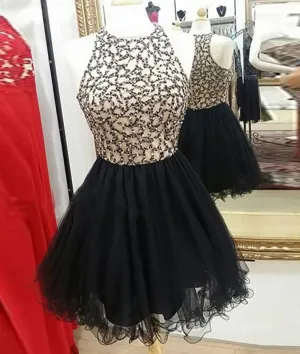 Cute Round-Neck Sequin Tulle Short Black Prom Dresses Black Homecoming Dresses