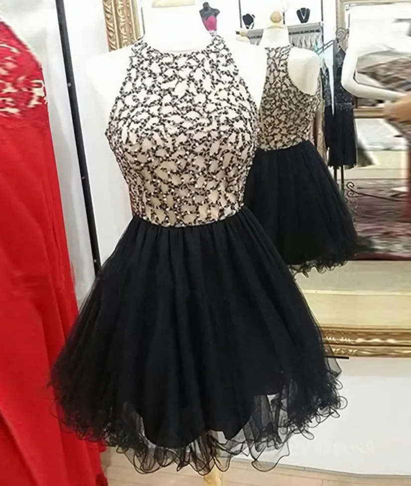 Cute Round-Neck Sequin Tulle Short Black Prom Dresses Black Homecoming Dresses