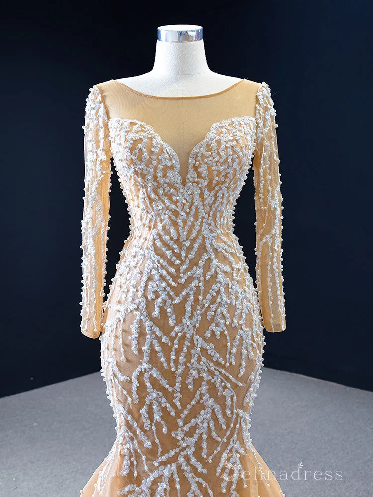 Feature Mermaid Long Sleeve Prom Dress Full Beaded Wedding Gowns DWH67211