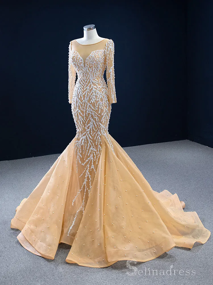 Feature Mermaid Long Sleeve Prom Dress Full Beaded Wedding Gowns DWH67211