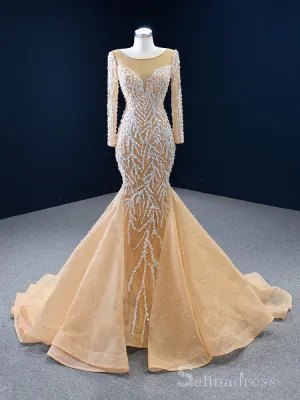 Feature Mermaid Long Sleeve Prom Dress Full Beaded Wedding Gowns DWH67211
