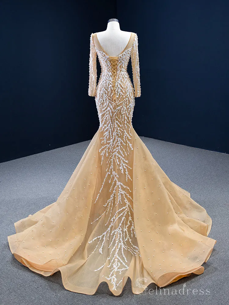 Feature Mermaid Long Sleeve Prom Dress Full Beaded Wedding Gowns DWH67211