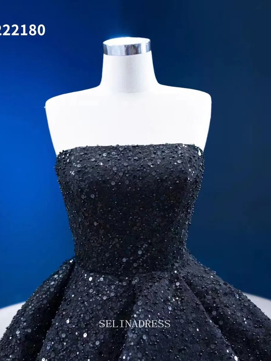 High Low Black Mermaid Prom Dress layered Sequins Pageant Dress RSM222108