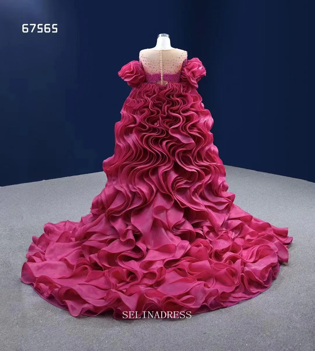 High Low Ruffle Prom Dress Ball Gown Magenta Pageant Dress Evening Dress RSM67565