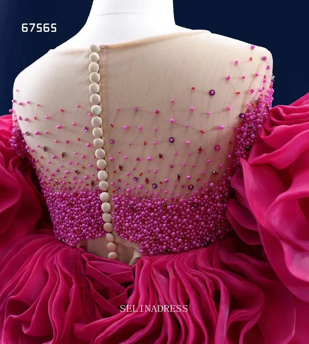 High Low Ruffle Prom Dress Ball Gown Magenta Pageant Dress Evening Dress RSM67565