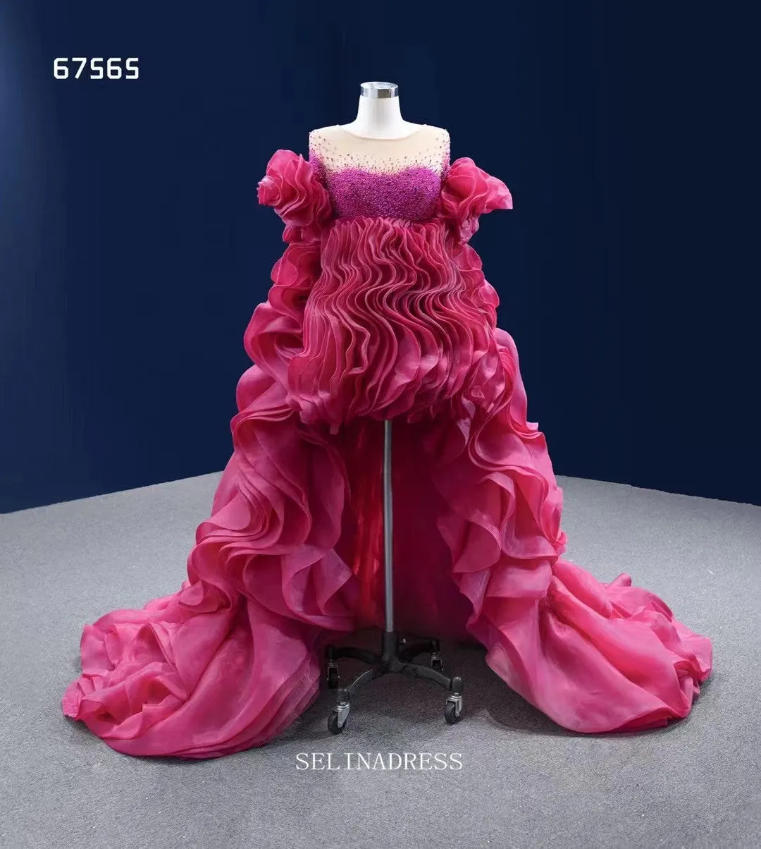 High Low Ruffle Prom Dress Ball Gown Magenta Pageant Dress Evening Dress RSM67565