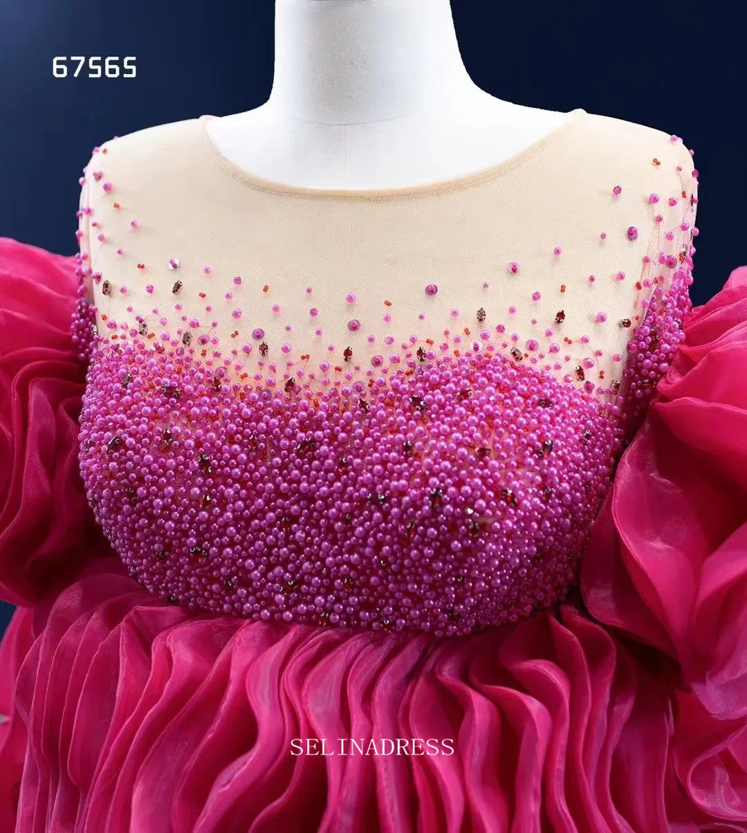 High Low Ruffle Prom Dress Ball Gown Magenta Pageant Dress Evening Dress RSM67565