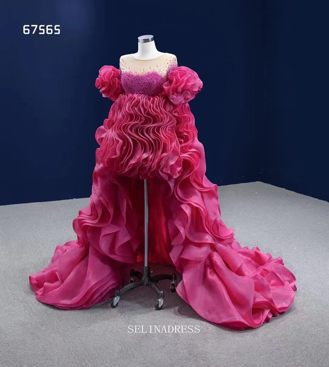 High Low Ruffle Prom Dress Ball Gown Magenta Pageant Dress Evening Dress RSM67565