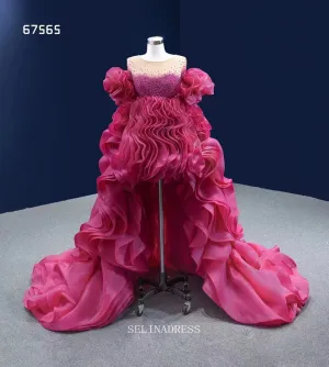 High Low Ruffle Prom Dress Ball Gown Magenta Pageant Dress Evening Dress RSM67565