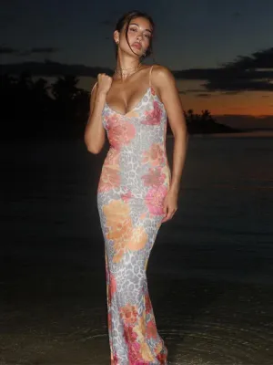 Leopard Print Slim Bodycon Spaghetti Strap Backless Long Spring Summer Maxi Dress