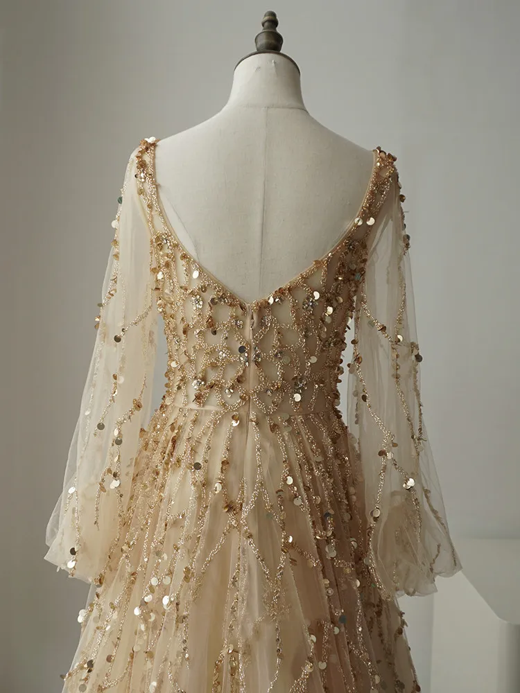 Luxury A-line Hand-stitched Beads Long Prom Dress Gold Long Evening Gowns ASB015