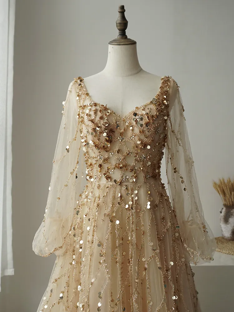 Luxury A-line Hand-stitched Beads Long Prom Dress Gold Long Evening Gowns ASB015