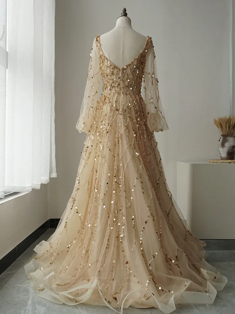 Luxury A-line Hand-stitched Beads Long Prom Dress Gold Long Evening Gowns ASB015