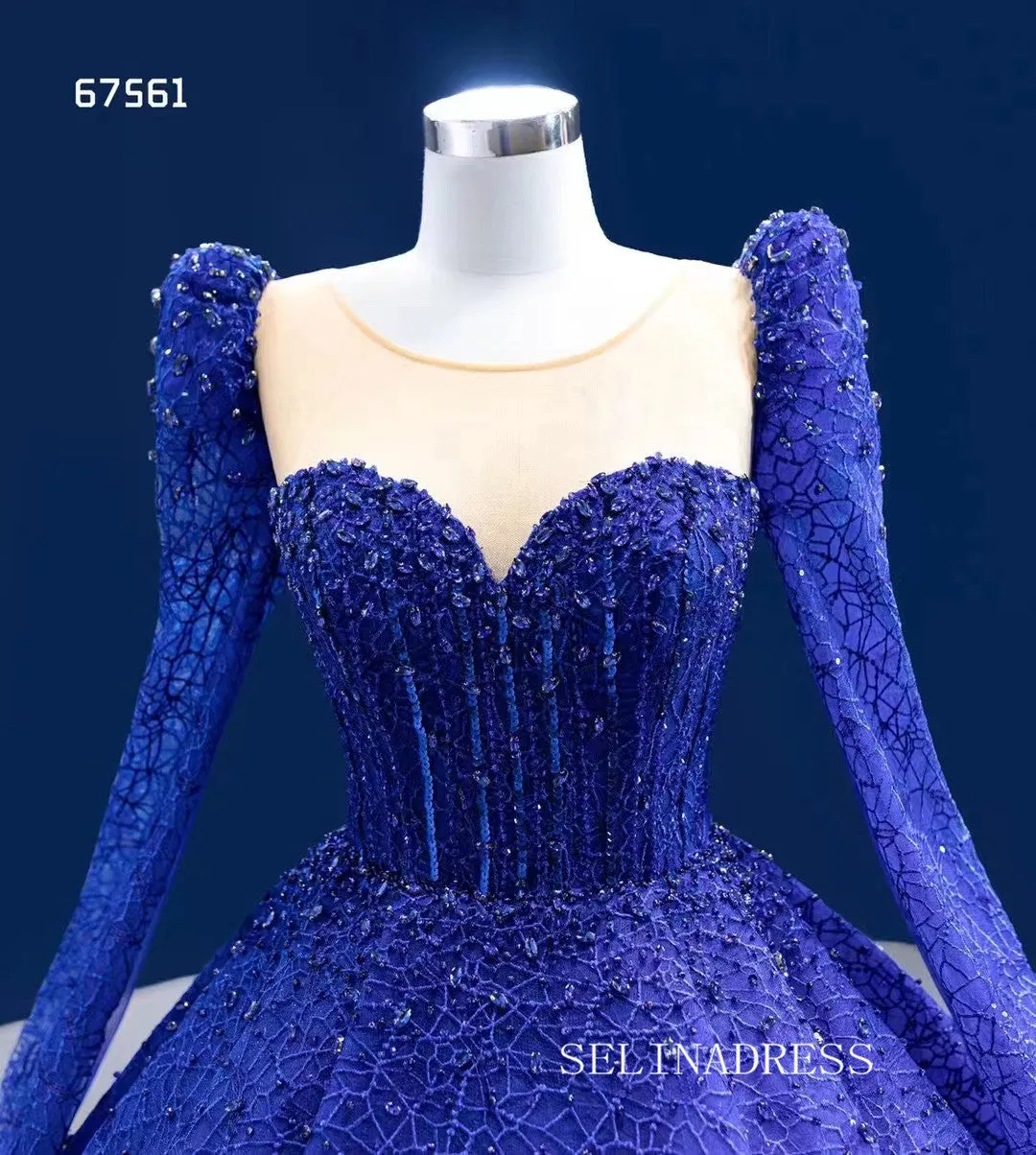 Luxury Scoop Long Sleeve Royal Blue Ball Gown Prom Dress Beaded Quincess Evening Gowns RSM67561