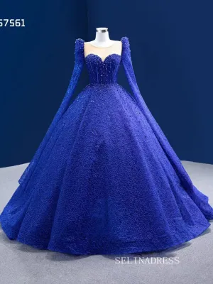 Luxury Scoop Long Sleeve Royal Blue Ball Gown Prom Dress Beaded Quincess Evening Gowns RSM67561