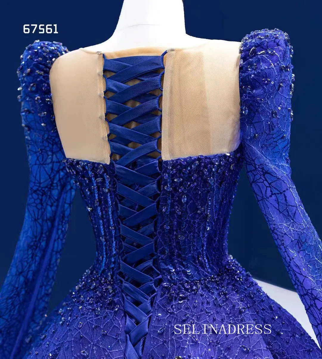 Luxury Scoop Long Sleeve Royal Blue Ball Gown Prom Dress Beaded Quincess Evening Gowns RSM67561