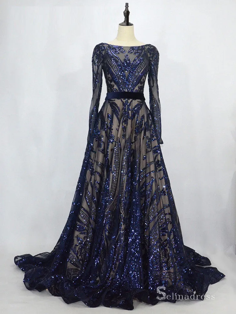 Luxury Sequins Sweep Train Long Sleeve Plus Size Prom Dress Formal Evening Gown SC044