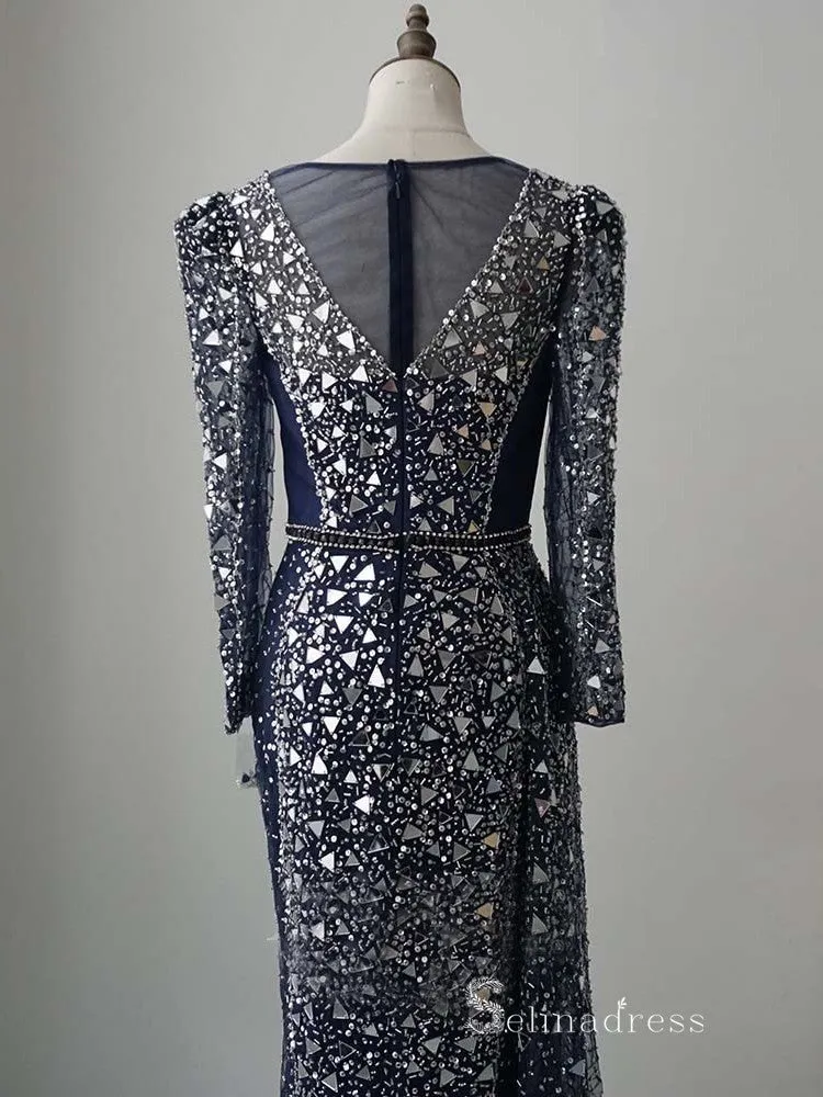 luxury Sheath/Column Square Neck Long Sleeve Beaded Prom Dress Evening Dress MLH0471