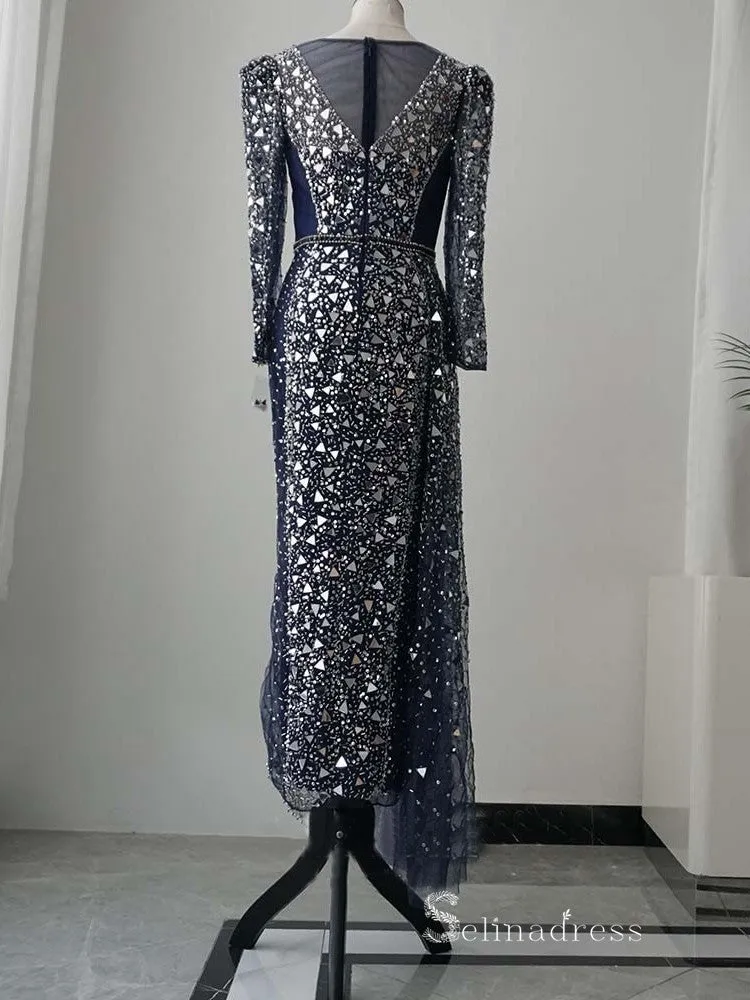 luxury Sheath/Column Square Neck Long Sleeve Beaded Prom Dress Evening Dress MLH0471
