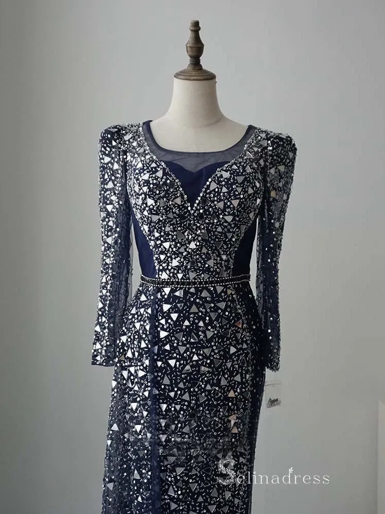 luxury Sheath/Column Square Neck Long Sleeve Beaded Prom Dress Evening Dress MLH0471