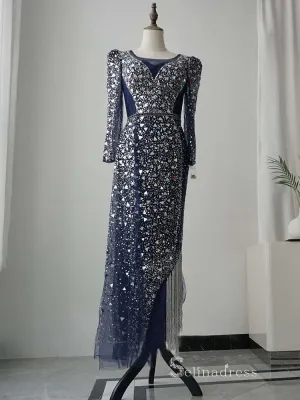 luxury Sheath/Column Square Neck Long Sleeve Beaded Prom Dress Evening Dress MLH0471